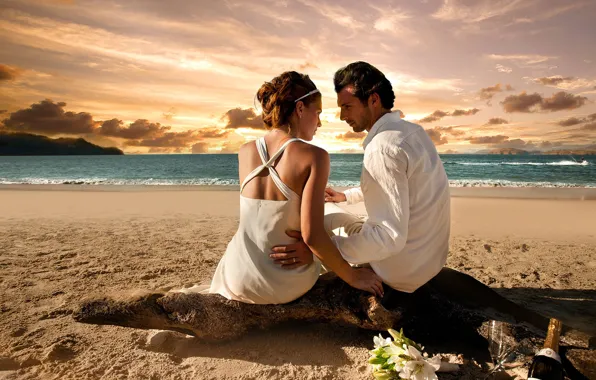 Beach, girl, love, sunset, romance, woman, male, the couple