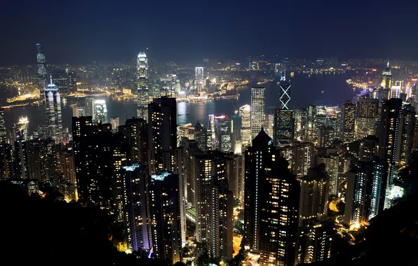 Night, lights, Hong Kong, skyscrapers, panorama, China, megapolis