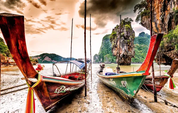 Picture sea, trees, mountains, boat