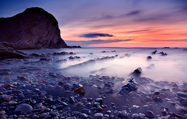 Picture sea, sunset, fog, rock, stones