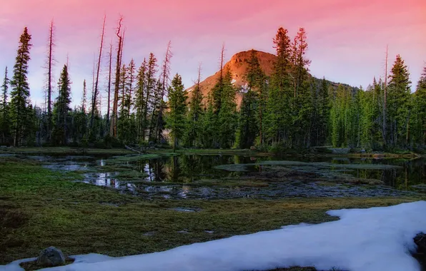 The sky, snow, lake, mountain, spring