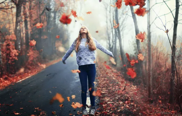 Road, autumn, girl