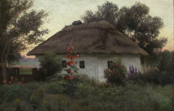Flowers, house, oil, Canvas, Efim VOLKOV, Ukrainian landscape with a hut