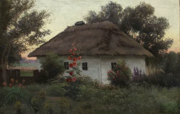 Flowers, oil, home, canvas, Efim VOLKOV, Ukrainian landscape with a hut