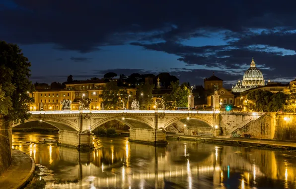 Picture lights, Rome, Italy, river, Italy, bridge, night, Rome