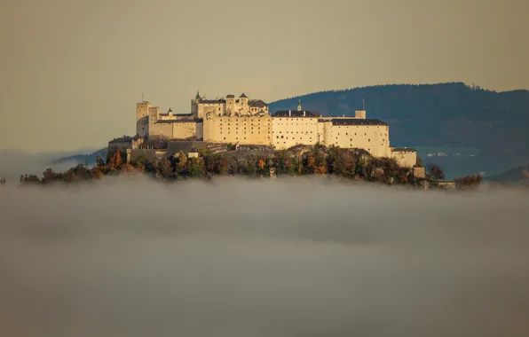 Autumn, forest, the sky, light, fog, castle, view, Austria