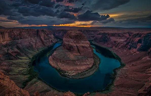 Sunset, clouds, river, the evening, Colorado, canyon, Horseshoe Bend, Grand Canyon National Park