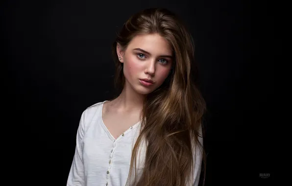 Girl, portrait, makeup, hairstyle, brown hair, blouse, beautiful, black background