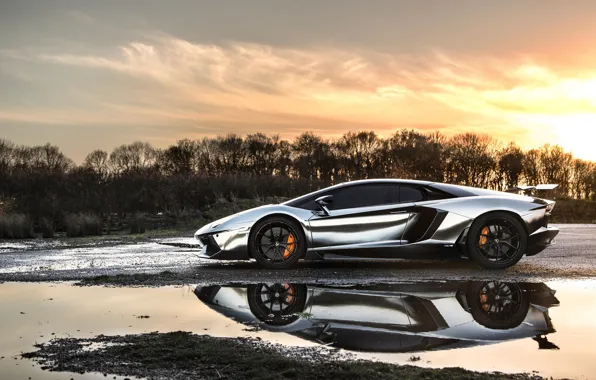 The sun, The sky, Lamborghini, Lamborghini, Silver, Puddle, Sky, Sun