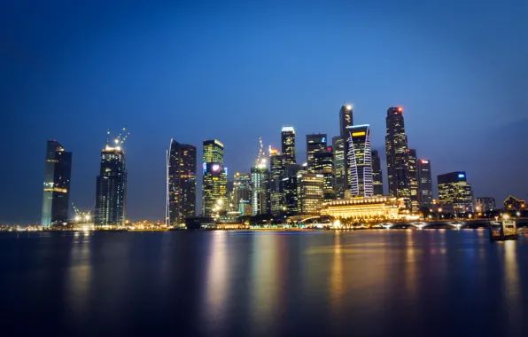 The sky, night, lights, Strait, reflection, skyscrapers, backlight, Singapore