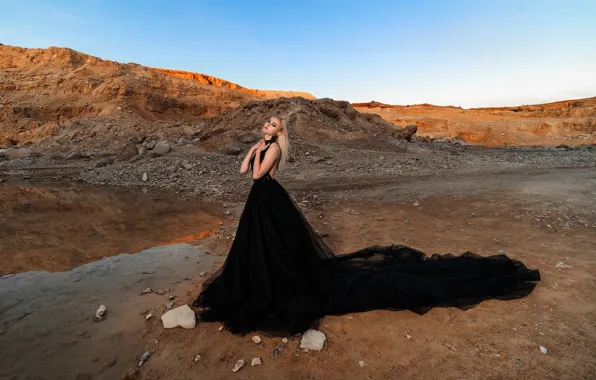 Look, water, girl, pose, rocks, hair, train, dress