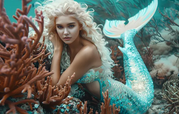 Picture Girl, Look, Blonde, Mermaid, Hair, Underwater world, Tail, Digital art