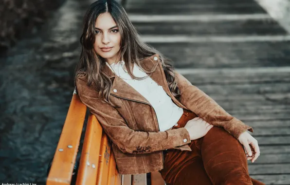 Picture girl, model, portrait, makeup, jacket, hairstyle, beautiful, sitting