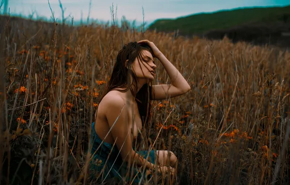 Field, grass, girl, model, panorama, wildflowers, ANTON KHOMENKO