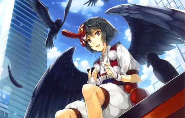 The sky, girl, clouds, birds, the city, home, wings, anime