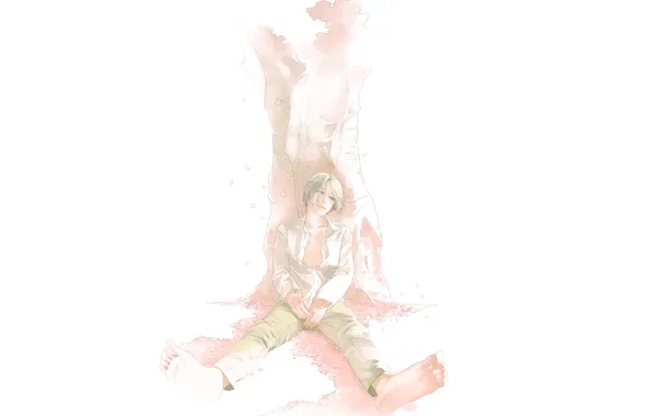 Trees, guy, sitting, art