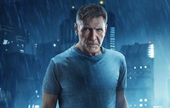 Picture night, the city, lights, fiction, rain, Thriller, poster, Harrison Ford