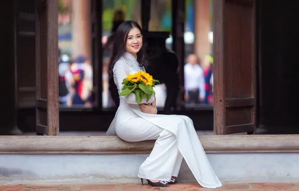 Picture look, girl, flowers, smile, bouquet, costume, Asian