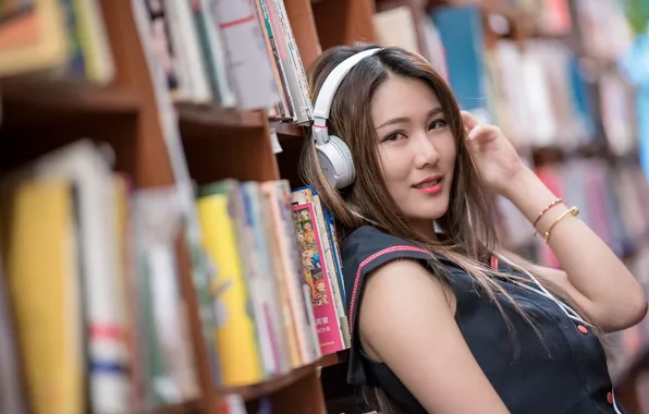 Picture girl, books, headphones, Asian, cutie, bokeh, shelves