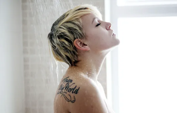 Girl, tattoo, shower