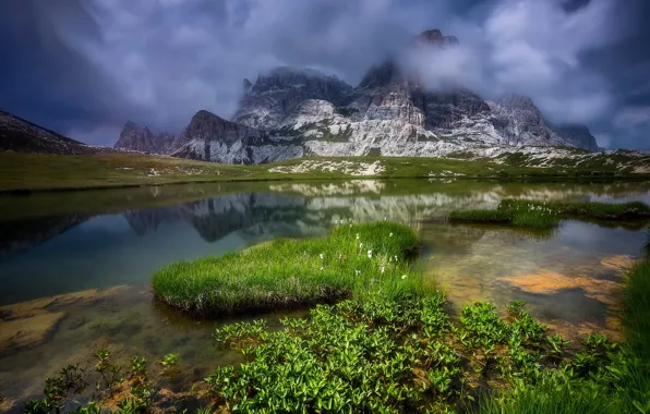 Grass, clouds, landscape, mountains, nature, lake, stones, Italy