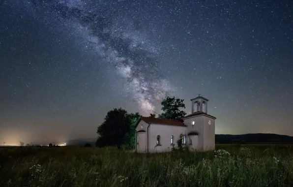 Field, stars, light, tree, The Milky Way, Bulgaria, Sofia, secrets