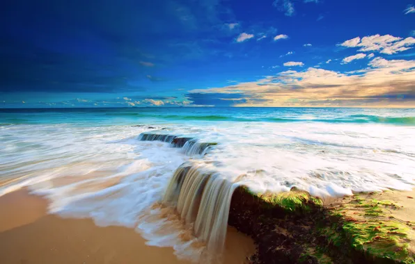 Picture sea, beach, the sky, water, clouds, stones, waterfall, stream