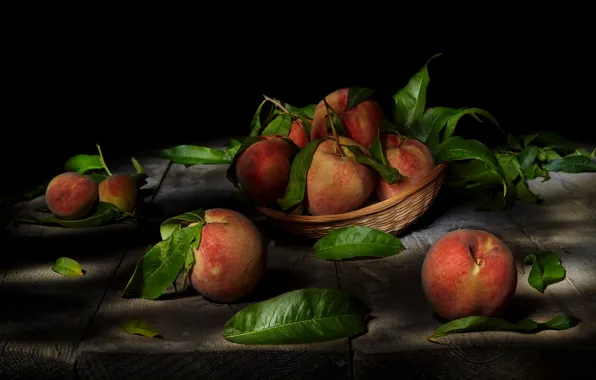 Picture leaves, food, bowl, fruit, black background, still life, peaches, items
