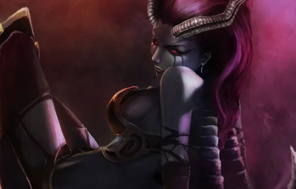 Girl, art, horns, sitting, Akasha, succubus, dota 2