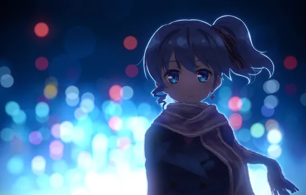 Girl, lights, smile, anime, scarf, art, yuuki tatsuya, dj max