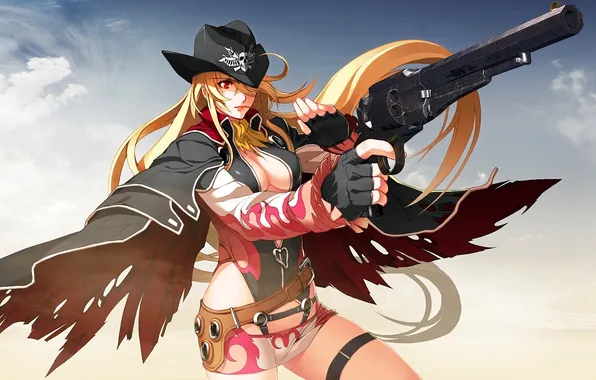 Girl, clouds, weapons, hat, revolver, aiming, tsuzuki satsuriku no jango, donne anonime