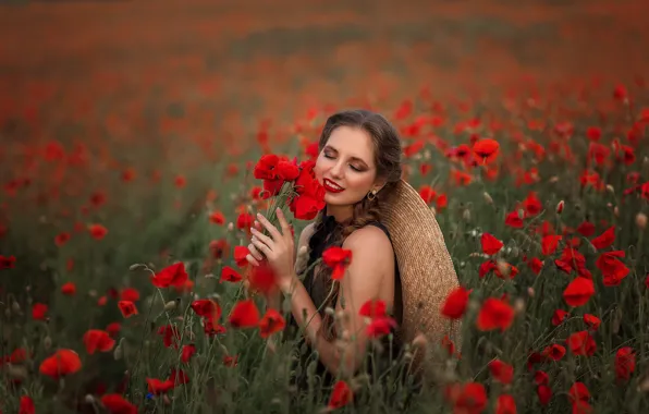 Girl, flowers, Maki, poppy field