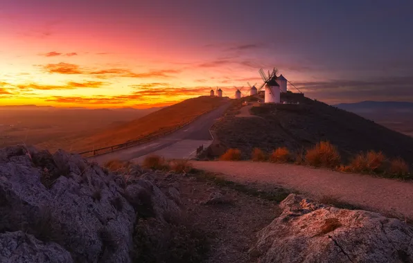 Road, the sky, the sun, sunset, stones, rocks, dawn, mountain