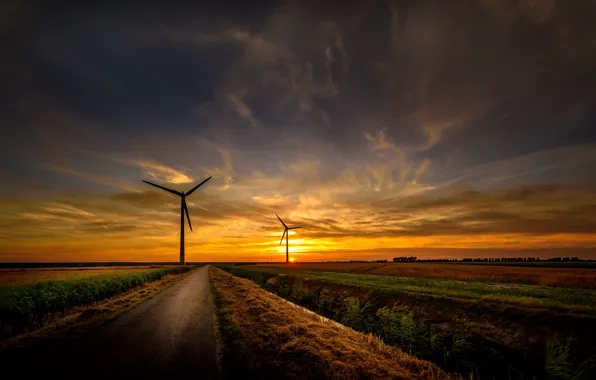 Road, sunset, windmills