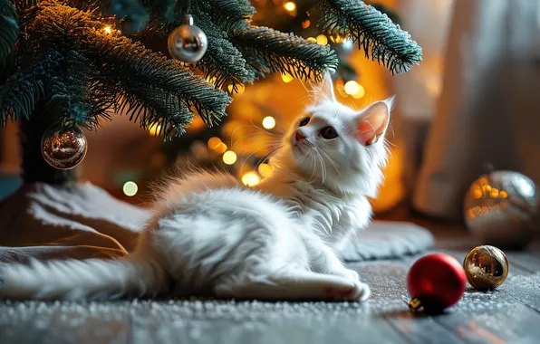 Cat, white, look, pose, kitty, Christmas, New year, tree