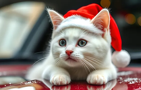 Cat, white, look, pose, kitty, Christmas, New year, face