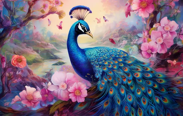 Flowers, bird, peacock, painting, imitation painting, AI art, neural network