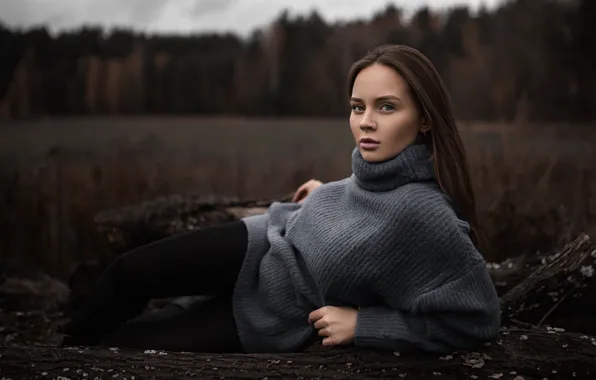 Autumn, the sky, girl, clouds, trees, pose, lies, Ilya Baranov