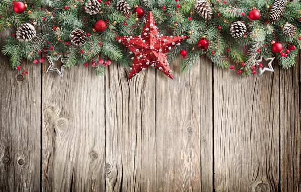 New Year, Christmas, christmas, star, balls, wood, merry christmas, decoration