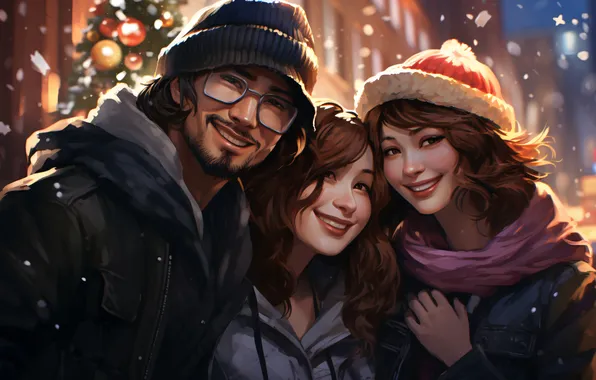Girls, Smile, Christmas, New year, Guy, Joy, Three, Digital art