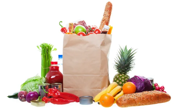 Apple, oranges, package, juice, bread, bananas, pepper, fruit