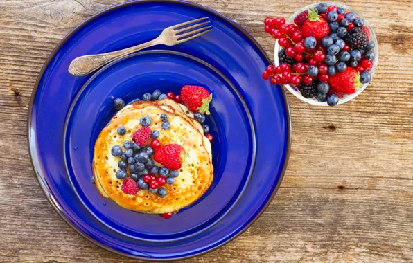 Berries, raspberry, blueberries, strawberry, food, dessert, pancakes, red currant