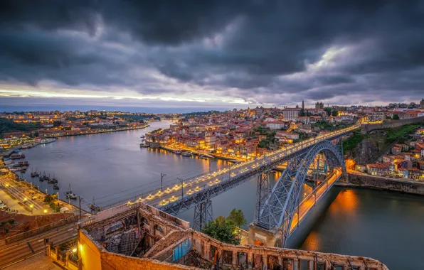Picture the sky, clouds, clouds, bridge, lights, river, home, the evening