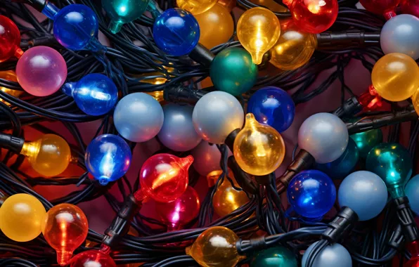 Balls, wire, Christmas, New year, garland, colorful, light bulb, a lot