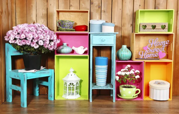 Picture flowers, colors, colorful, box, vase, design, flowers, interior