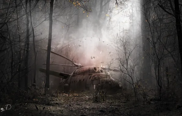 Forest, art, Stalker, helicopter, Stalker, anomaly, art, by Lena Didenko