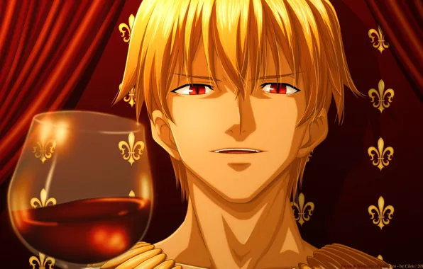 Look, wine, glass, portrait, anime, art, Gilgamesh, Gilgamesh