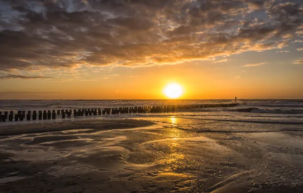 Sand, sea, beach, the sky, the sun, clouds, light, sunset