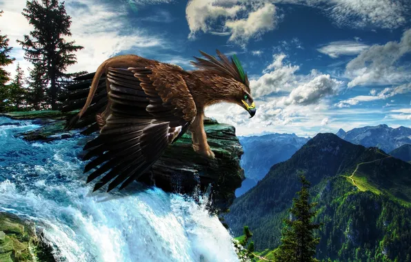 Picture the sky, mountains, nature, waterfall, wings, beak, art, Griffin