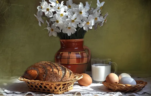 Picture flowers, glass, table, eggs, milk, bread, vase, tablecloth